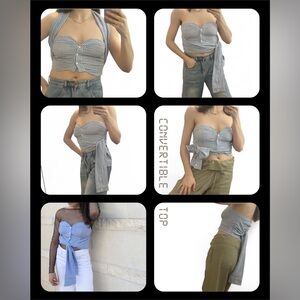 Convertible Tie Sleeve Strapless Blue White Striped Button Top Sweetheart Size M